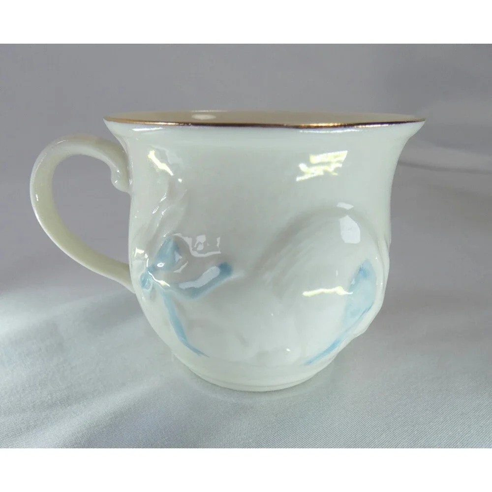2 BELEEK Nursery Baptism Christening Cups Porcelain w Gold Ireland Bunny Twins
